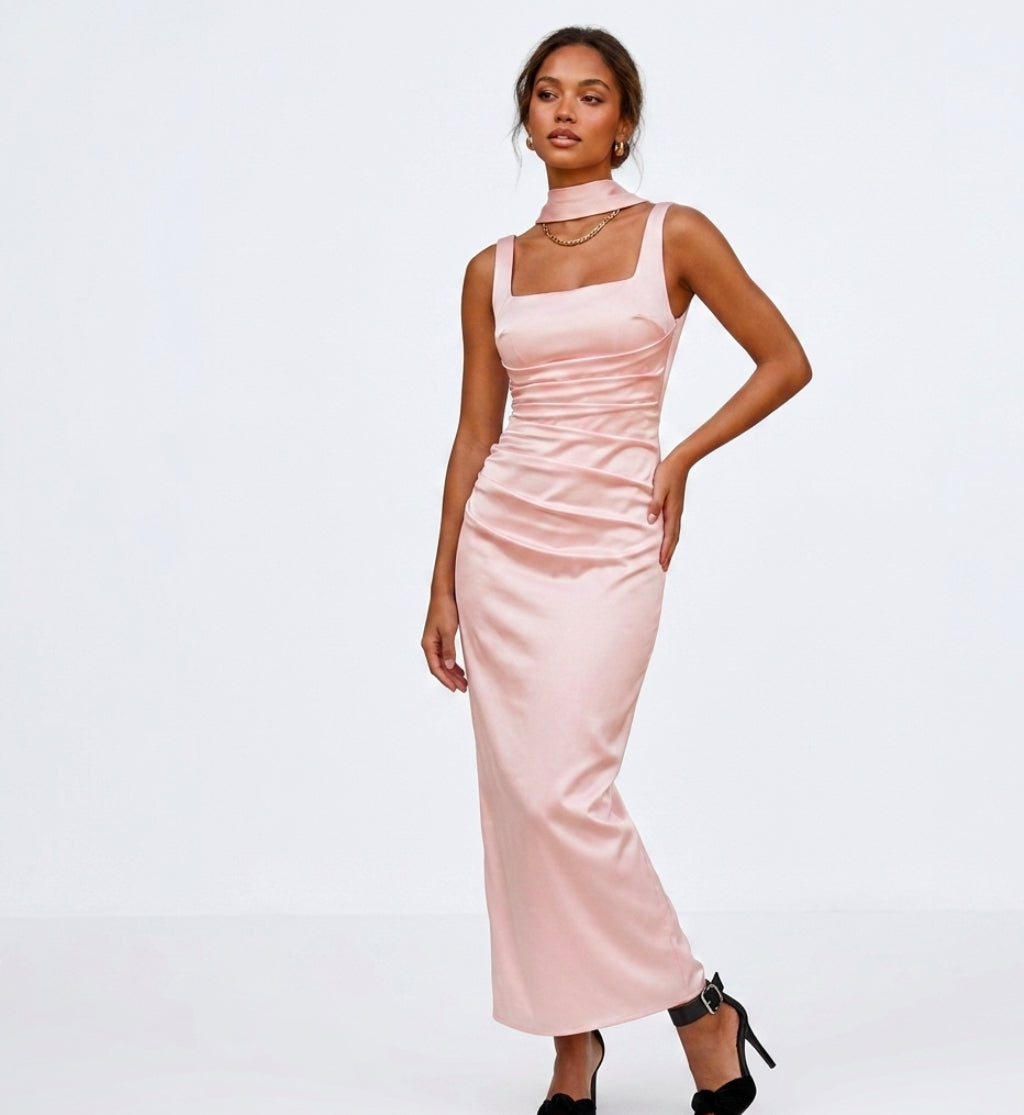 pink satin midi dress Elegant Ruched Pink Satin Midi Dress