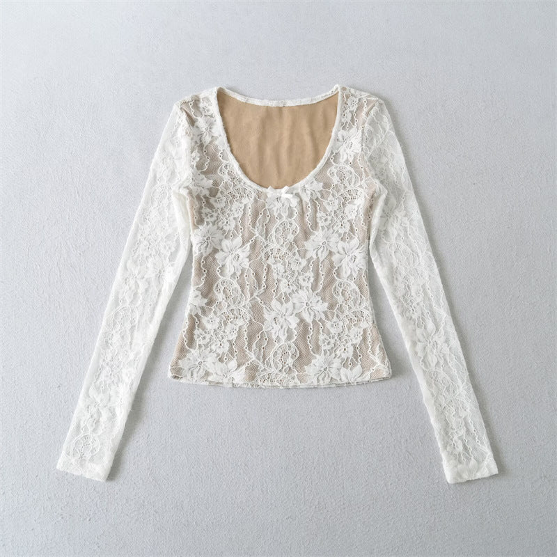 Lace Bow Embroidered Long Sleeve T-Shirt for Women