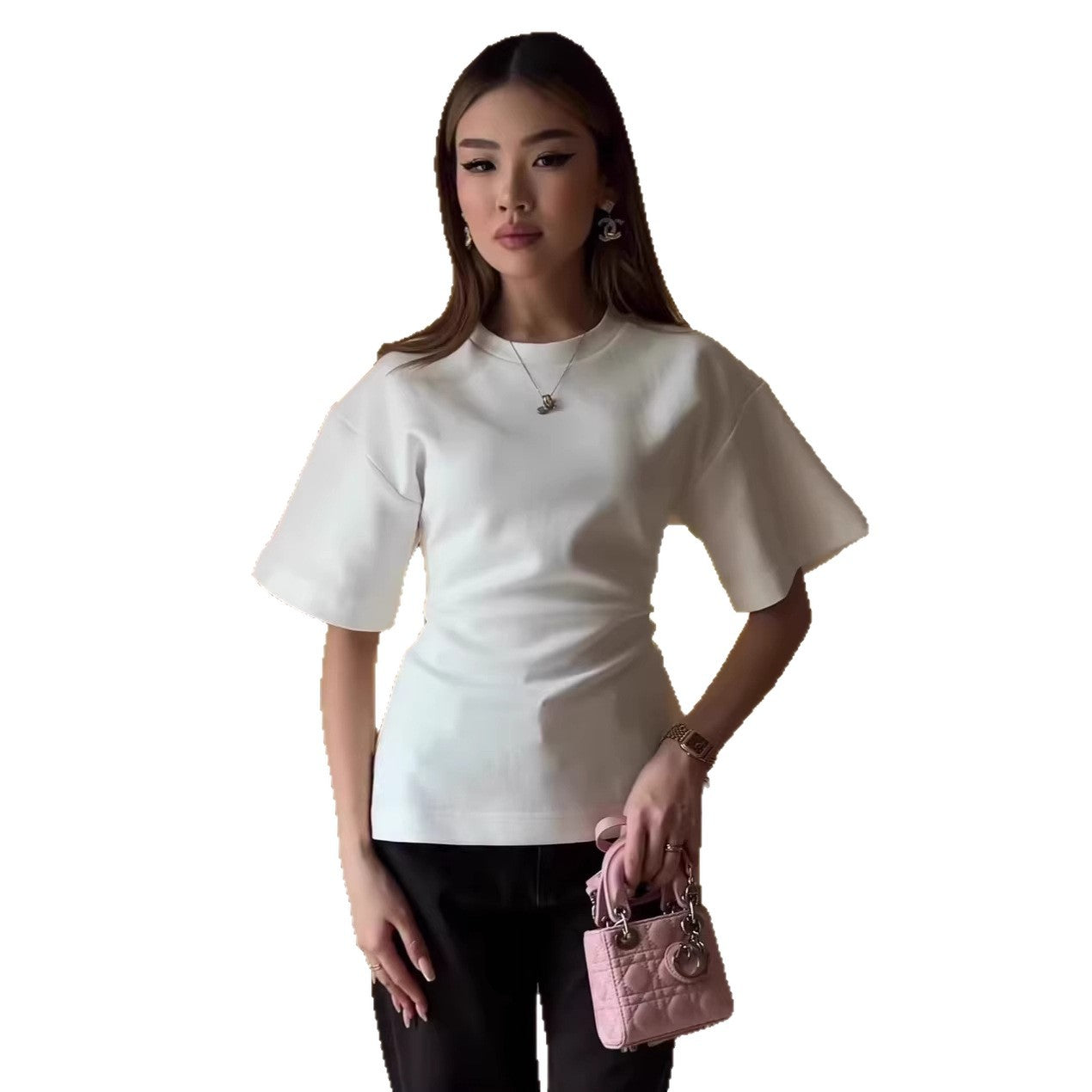 Chic Solid Color Round Neck Casual Fitted Slimming Cotton T-Shirt for Women