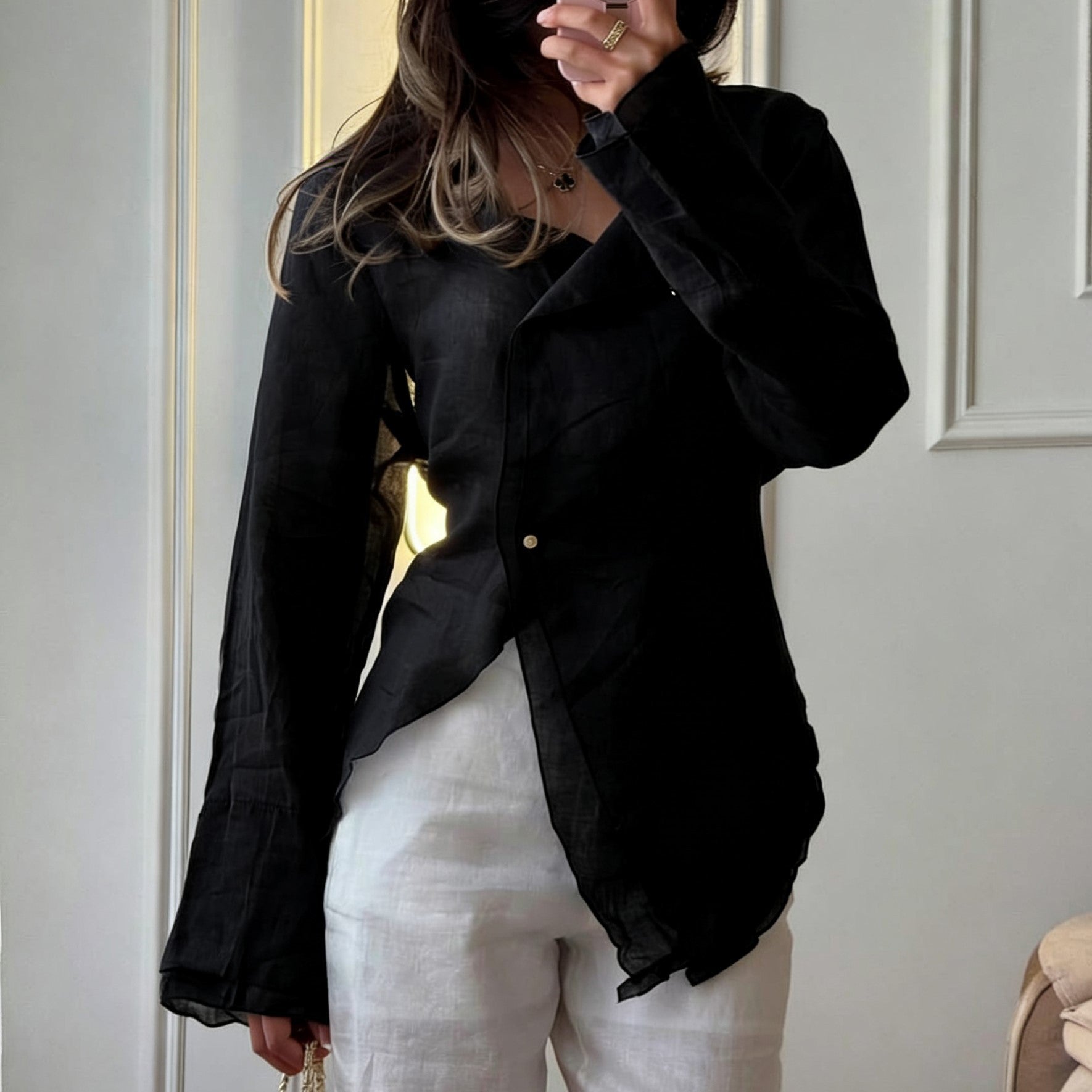 Irregular Long Sleeve V-Neck Casual Shirt for Women