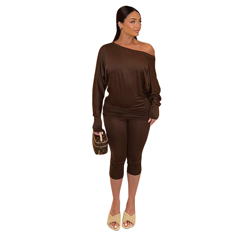 Style Autumn Women's Asymmetrical Shoulder Loose Long Sleeve Top with Fitted Seven-quarter Pants Casual Outfit Set