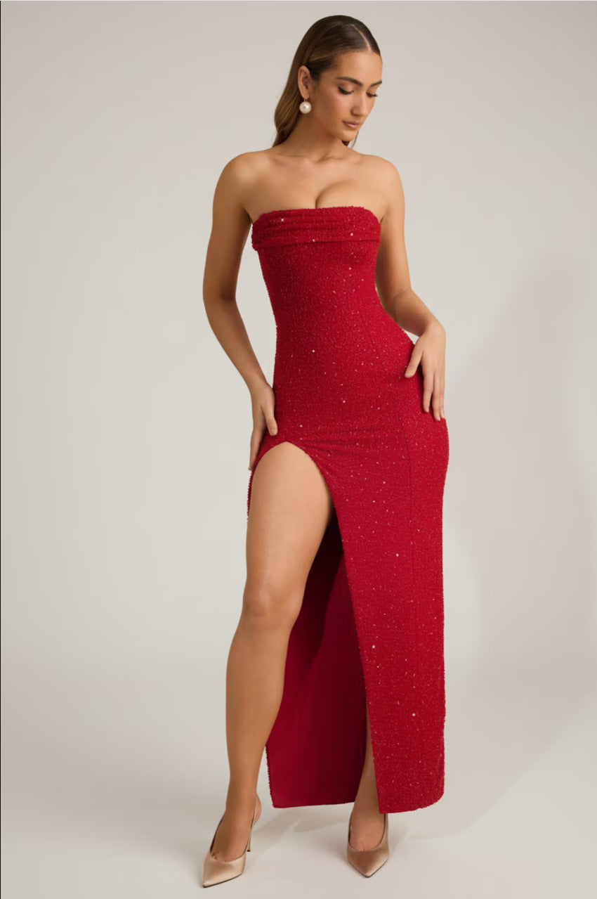 Elegant Strapless Slit Evening Dress for Party and Red Carpet Women's Formal Dress