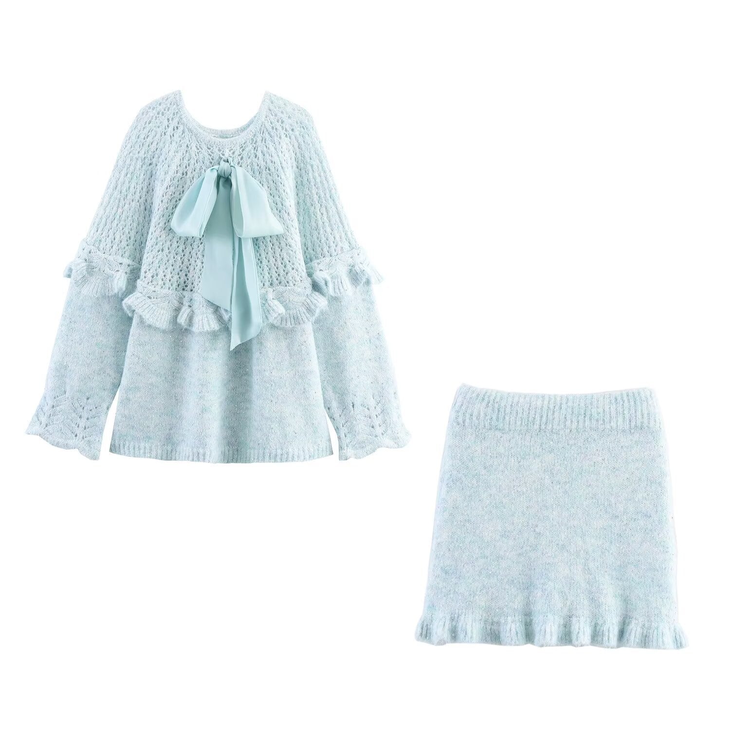 Ribbon Knitted Sweater+Skirt Set