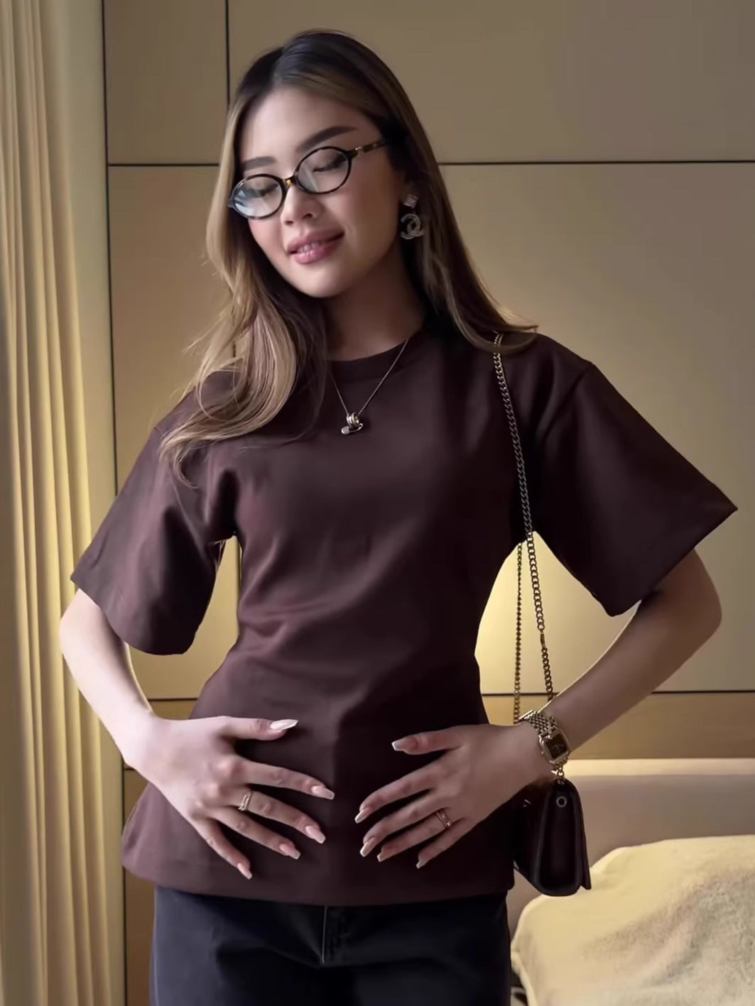 Chic Solid Color Round Neck Casual Fitted Slimming Cotton T-Shirt for Women