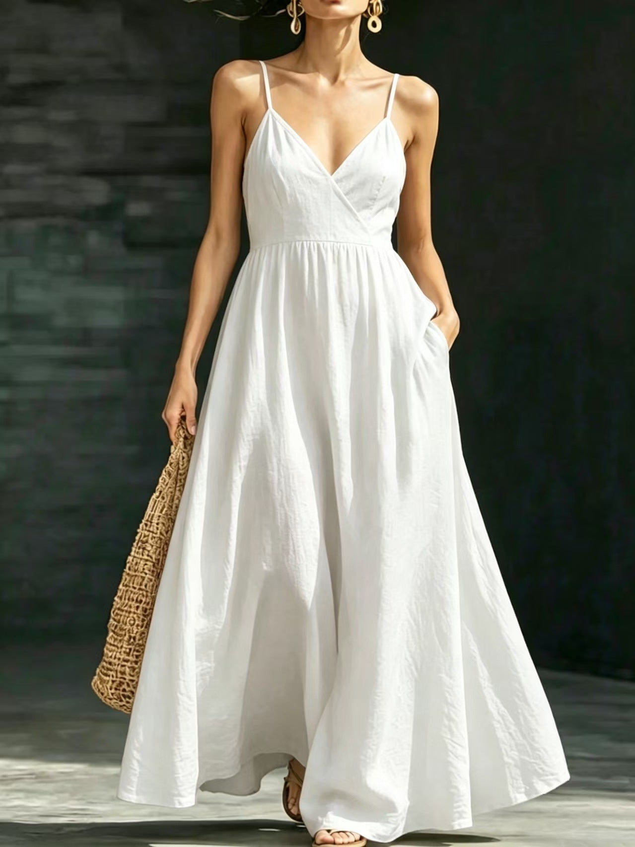 Amanda V-Neck Backless Strap Pocket Elegant Long Strap Dress