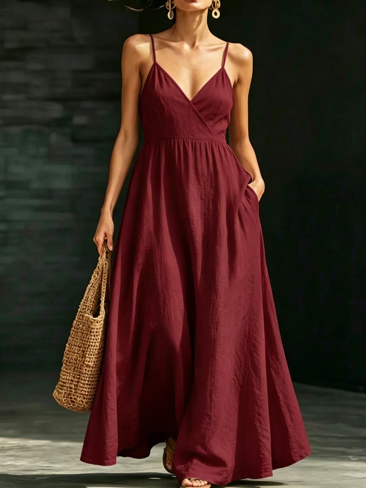 Amanda V-Neck Backless Strap Pocket Elegant Long Strap Dress