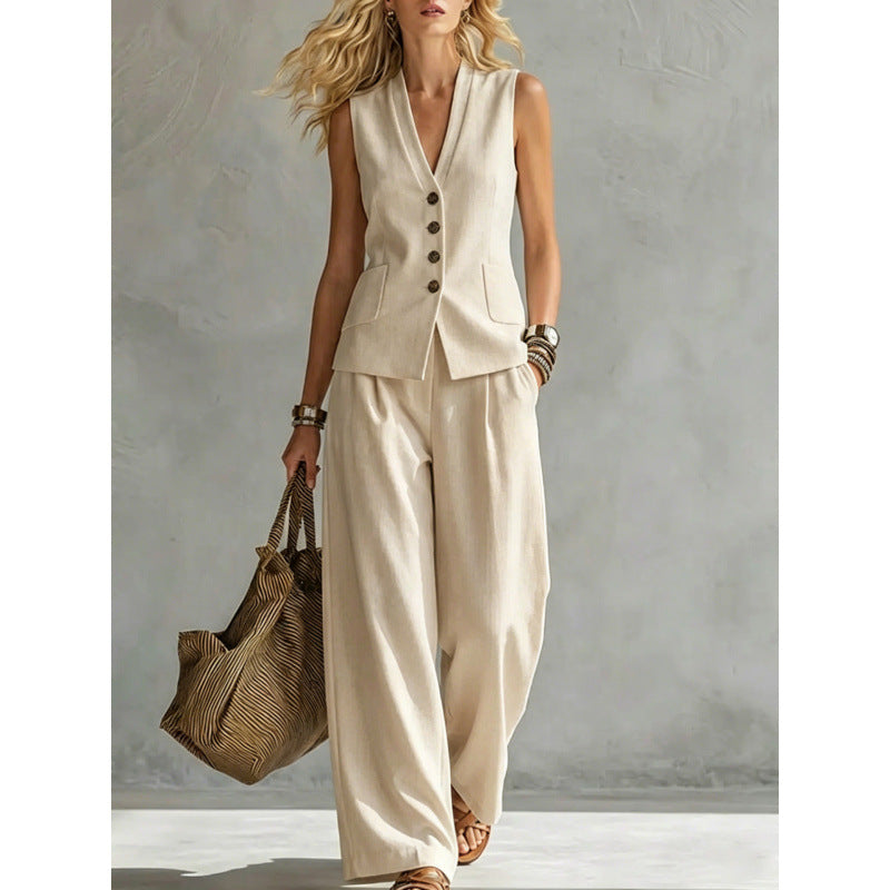 Solid color sleeveless casual linen vest and pants set