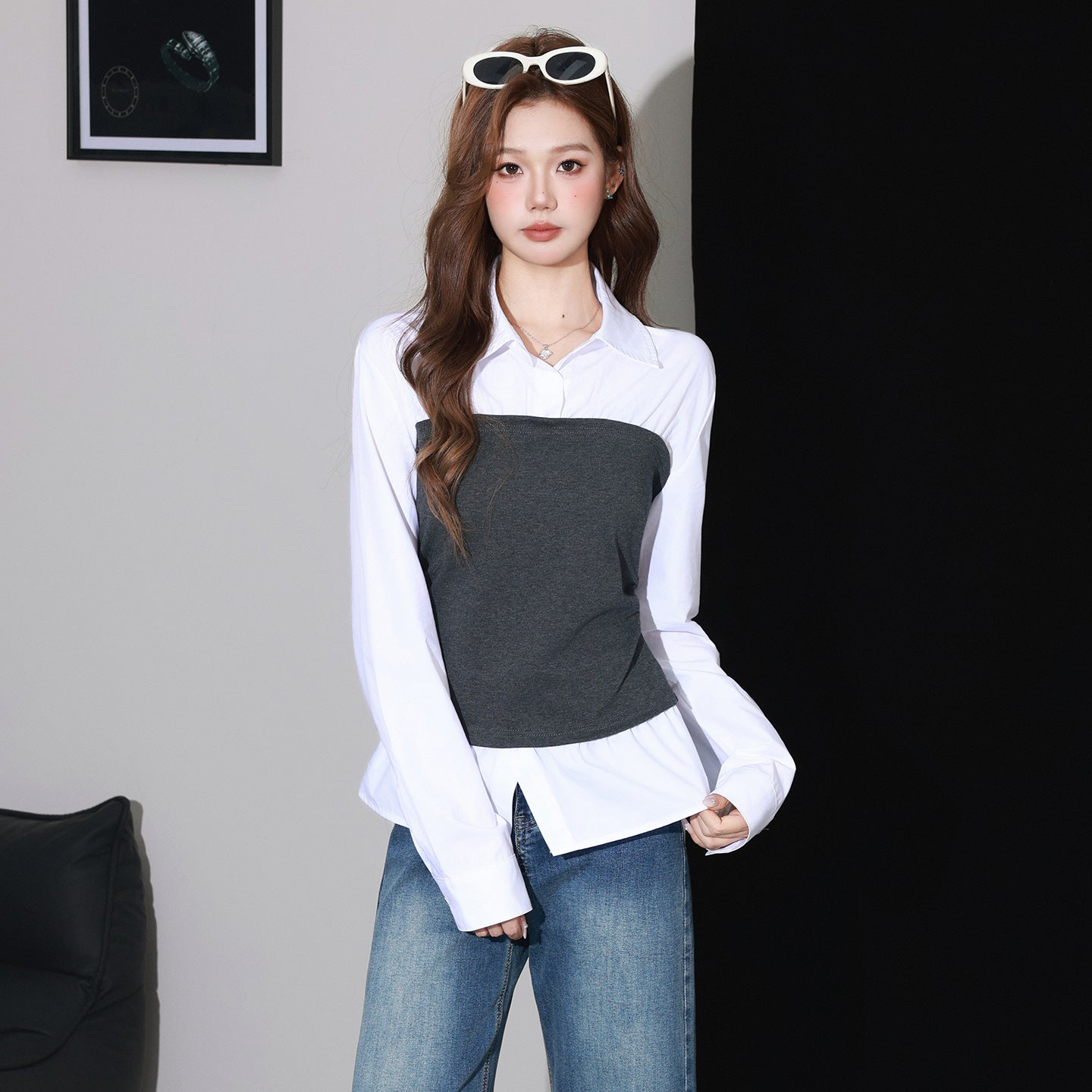 Chic Two-in-One Design Collage Flip Collar Long Sleeve Shirt for Women, Casual Inner Layer Top