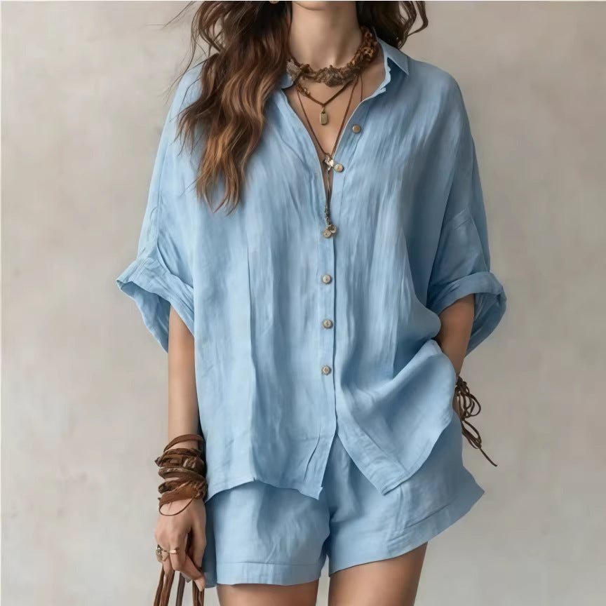 Solid color loose breasted shirt shorts casual set