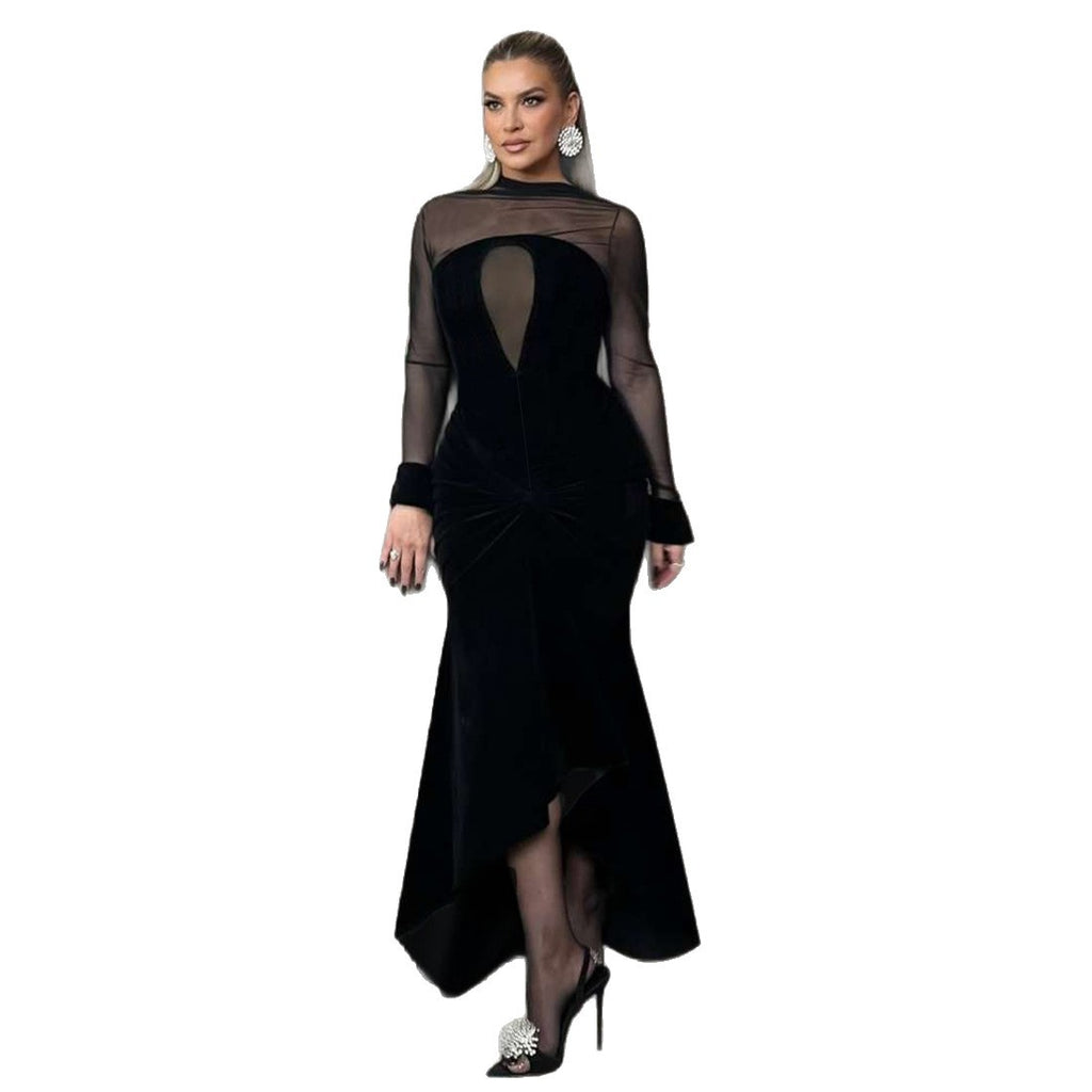 Mesh splicing round neck transparent hollow out dress