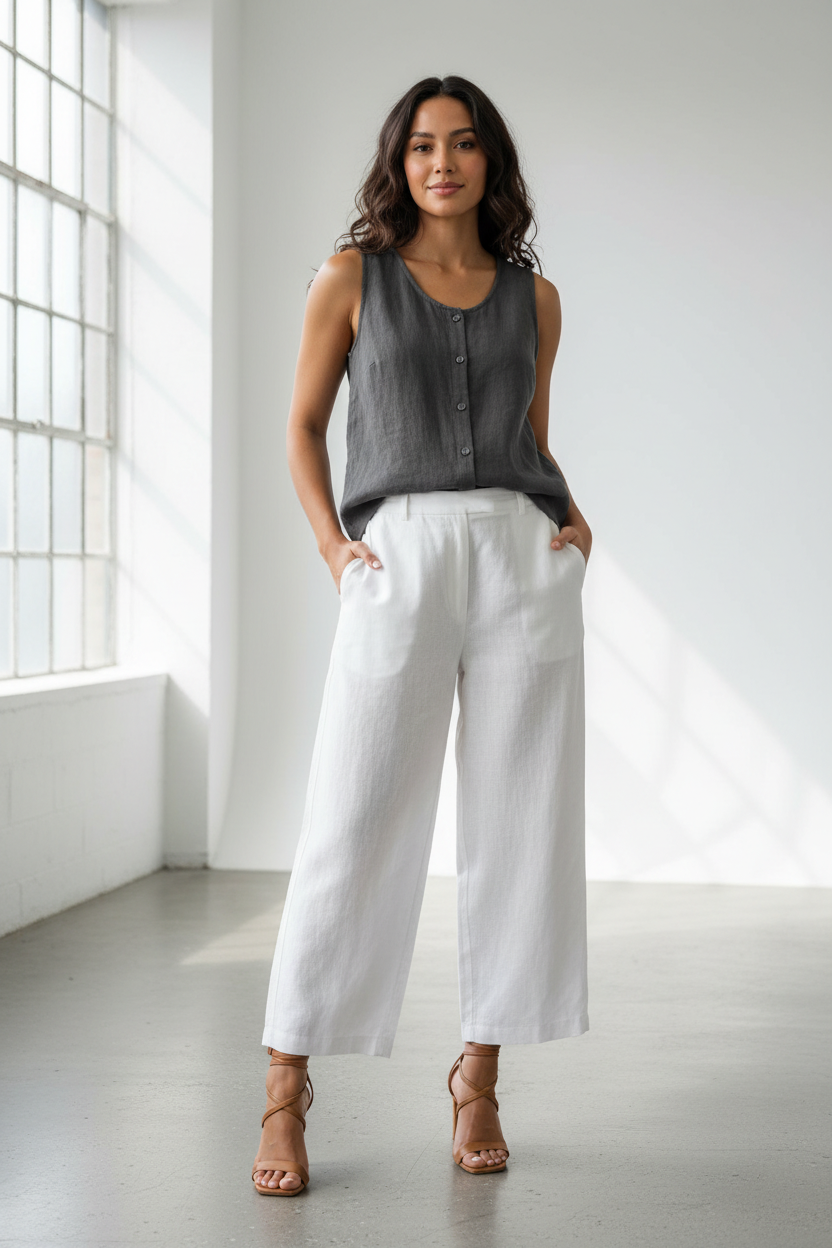 Linen-Cotton Vest with Round Neck, Lightweight shirt