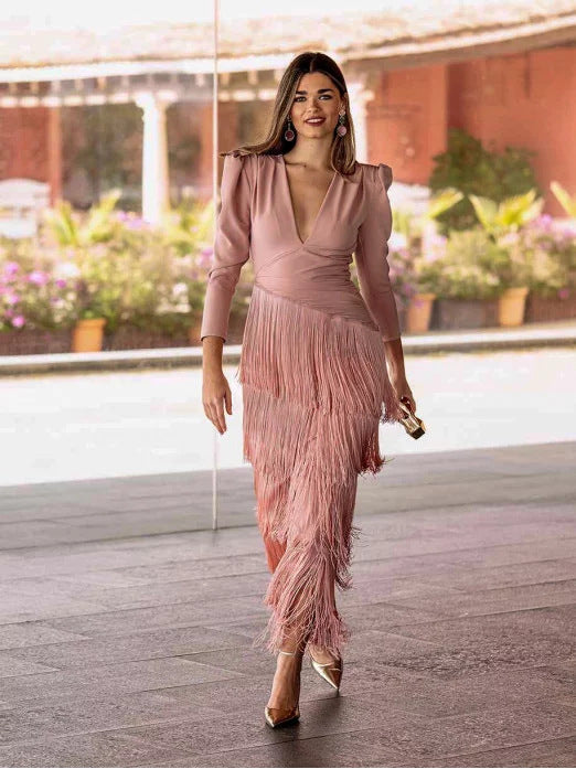 Deep V-fringe slim fit pants set