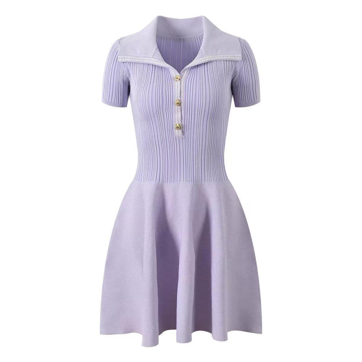 Elegant PurpleShort Sleeve Knit Dress A-Line Flared Skirt