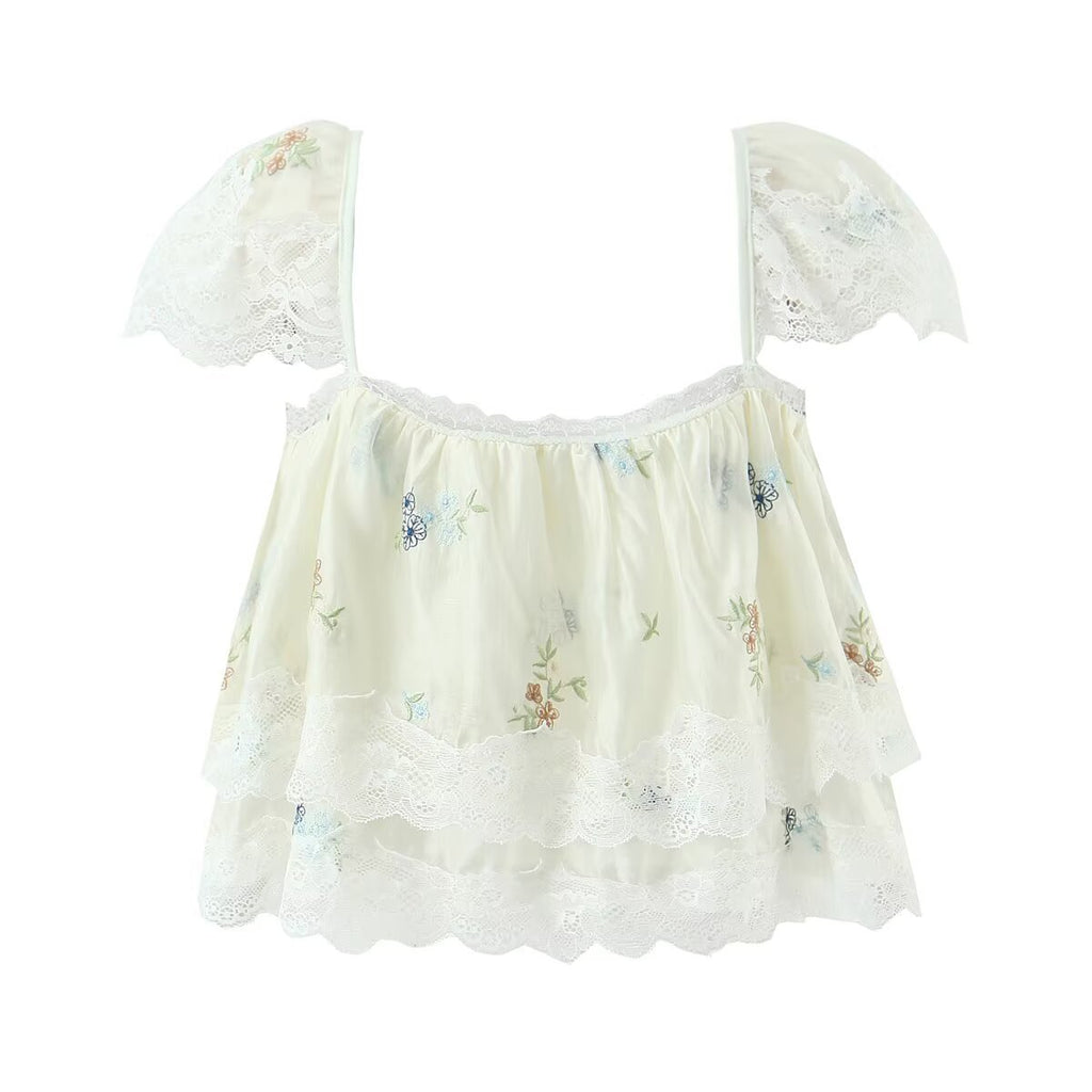 Women's New Fashion Embroidered Flower Strap Top Lace Embroidered Flower Skirt