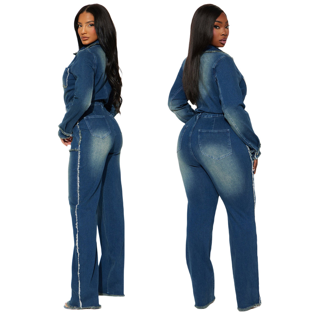 Slim fit elastic trumpet long sleeved denim jumpsuit
