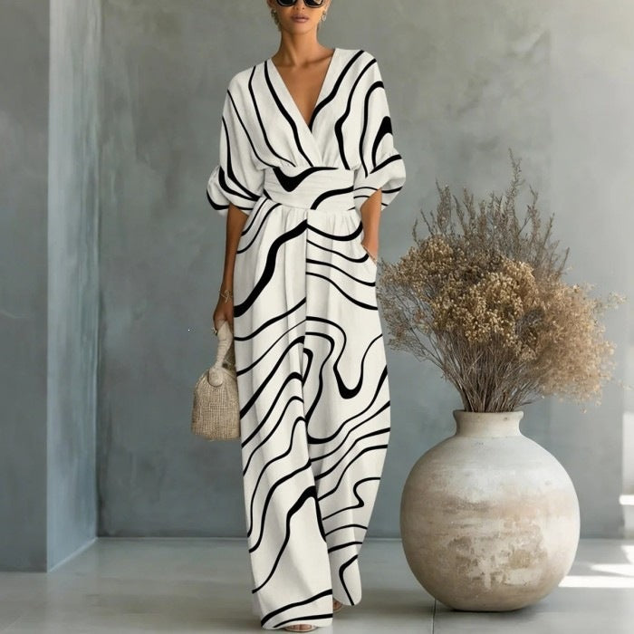 Elegant waist cinched V-neck printed women's jumpsuit