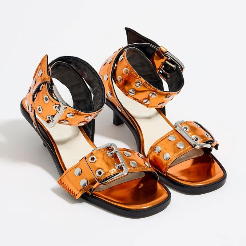 stiletto mid-heel wide rivet strap sandals