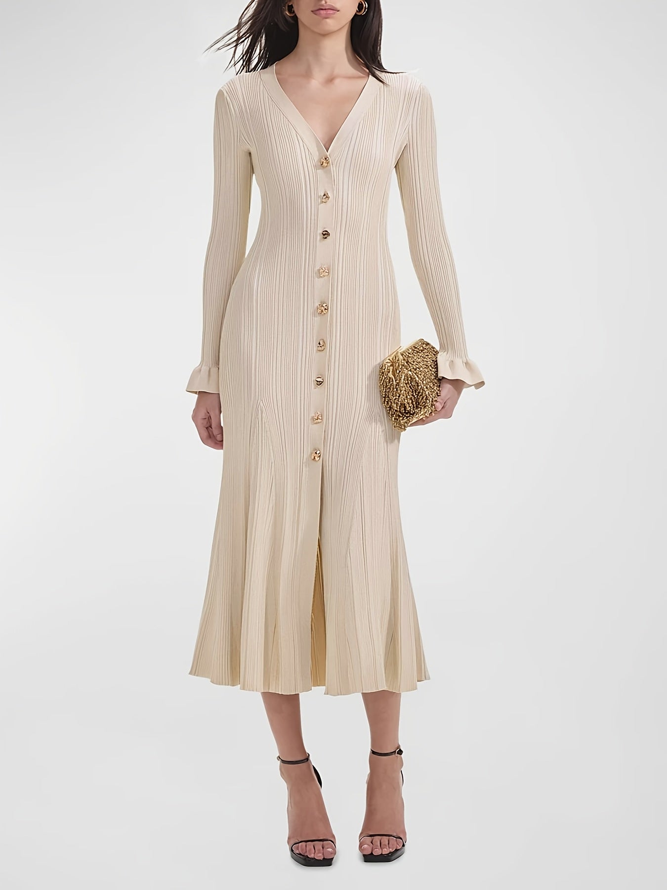 French elegant crewneck dress, slim fit, knitted women's dress