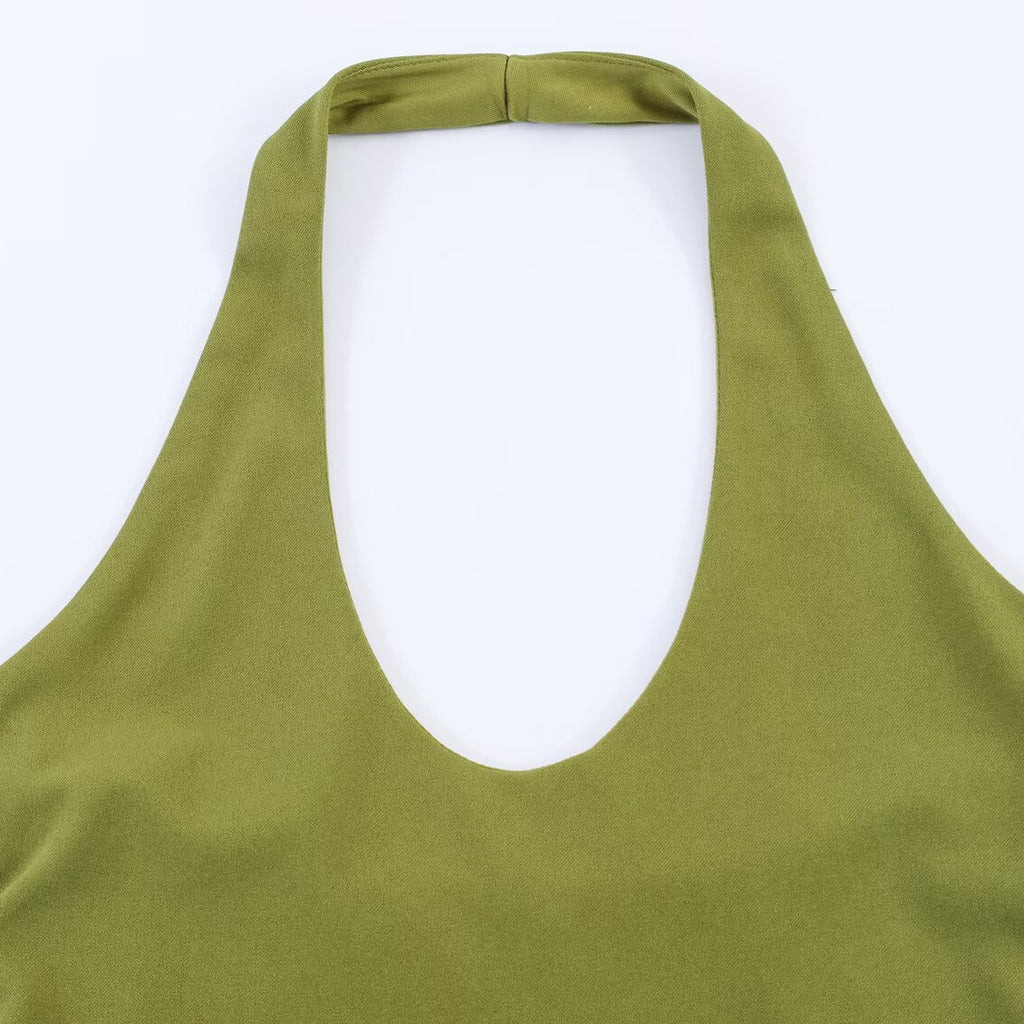 Sage Green Halter Midi Dress with Balloon Hem