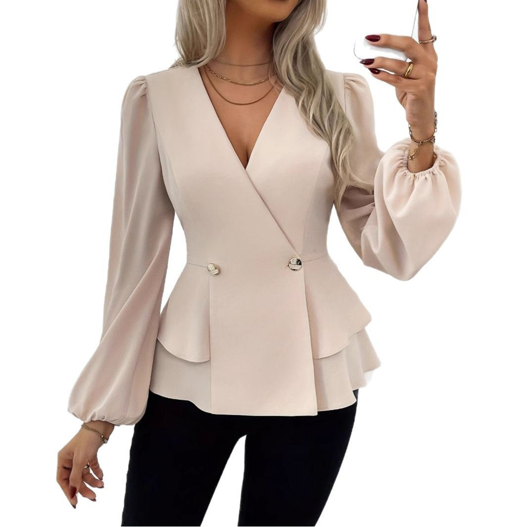 Cross neck lotus leaf hem solid color long sleeved top