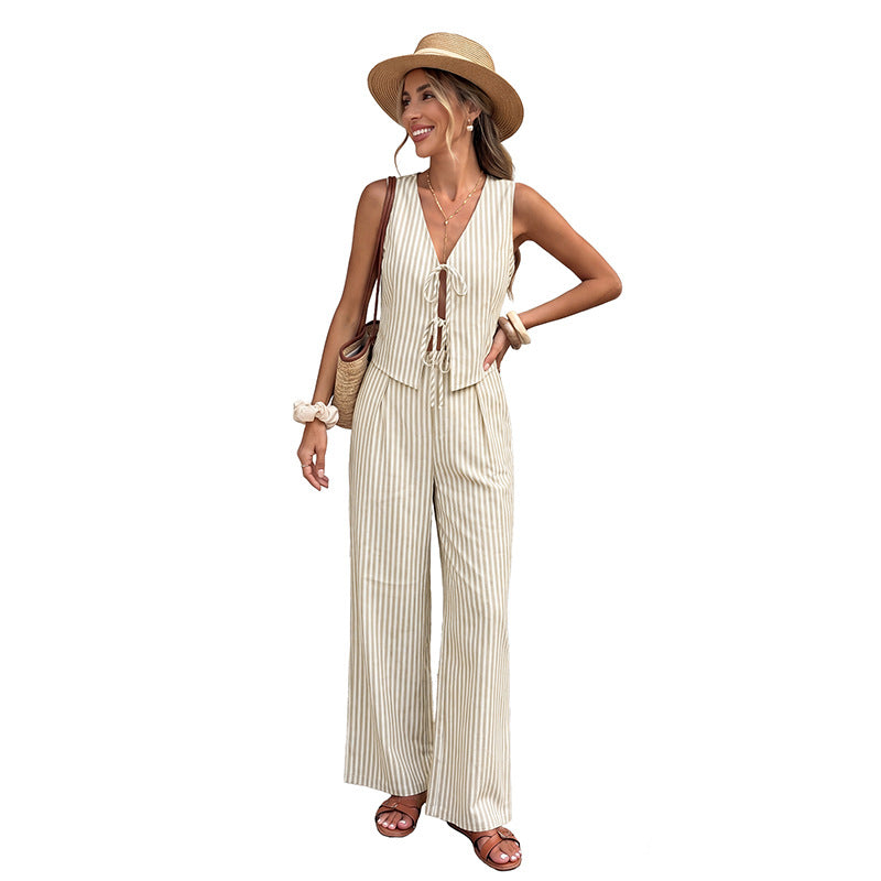 Two piece striped V-neck lace up vest wide leg pants