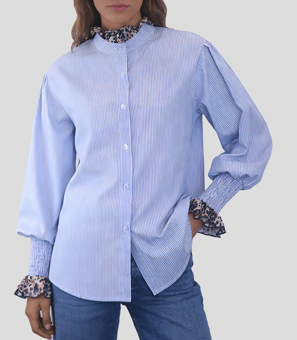 Women's fashionable leopard print lace-trimmed sleeves casual blue and white striped shirt