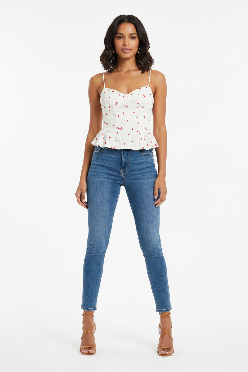 Strawberry print layered texture camisole top