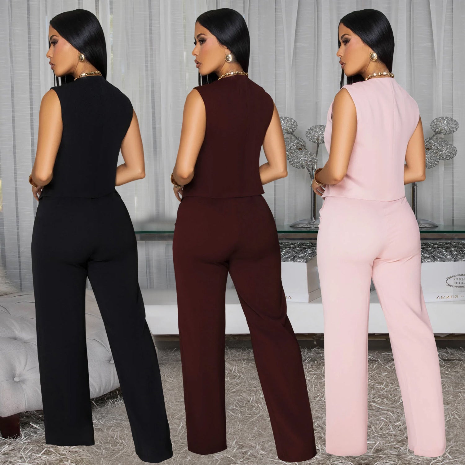 Fashion Women's Casual Sleeveless V-Neck Top and Pants Two-Piece Set