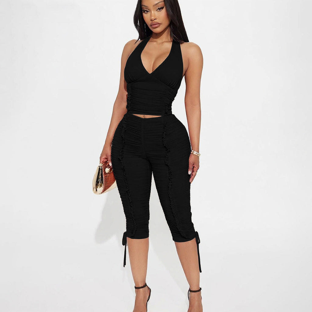 Monica  V-neck halter top with ruched tie, 7/8 pants two-piece set