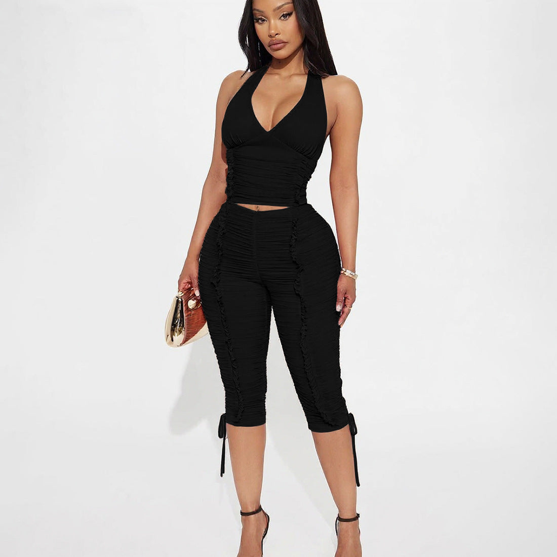 Monica  V-neck halter top with ruched tie, 7/8 pants two-piece set