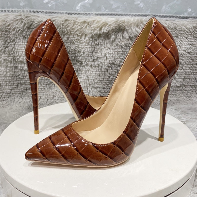 Chestnut Glossy Croc Pointed Heels  Sexy 8 10 12cm