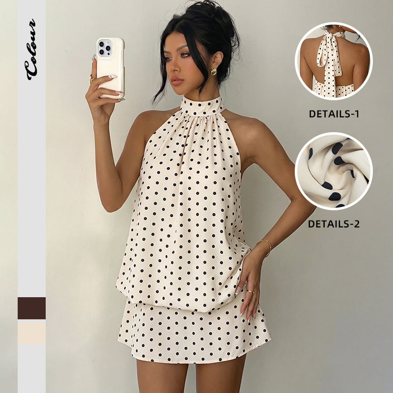 Hanging neck polka dot backless dress