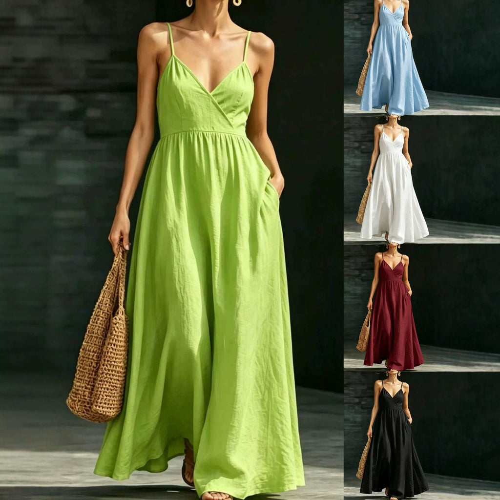 Amanda V-Neck Backless Strap Pocket Elegant Long Strap Dress