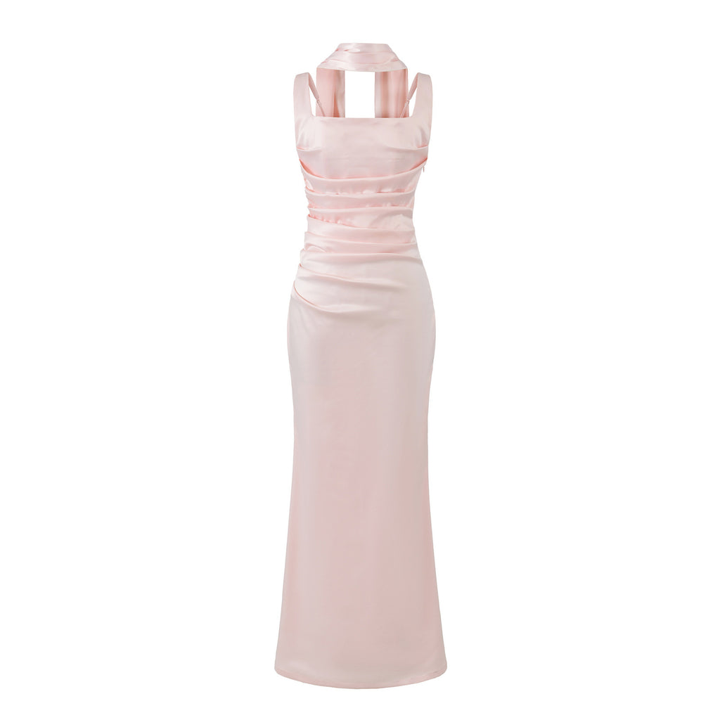 "Elegant Ruched Pink Satin Midi Dress"
