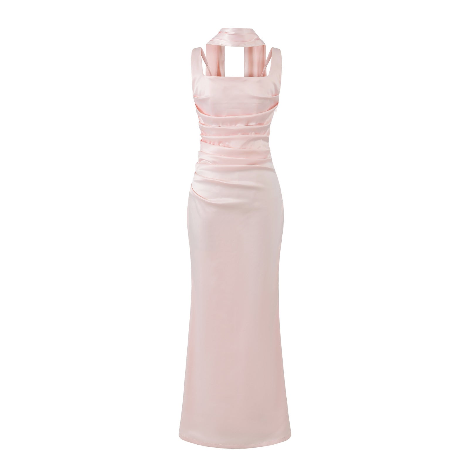 Elegant Ruched Pink Satin Midi Dress"  Rayasoleilshop