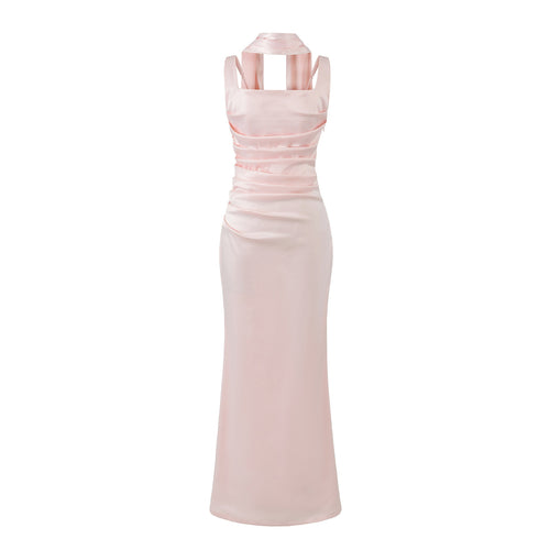 "Elegant Ruched Pink Satin Midi Dress"