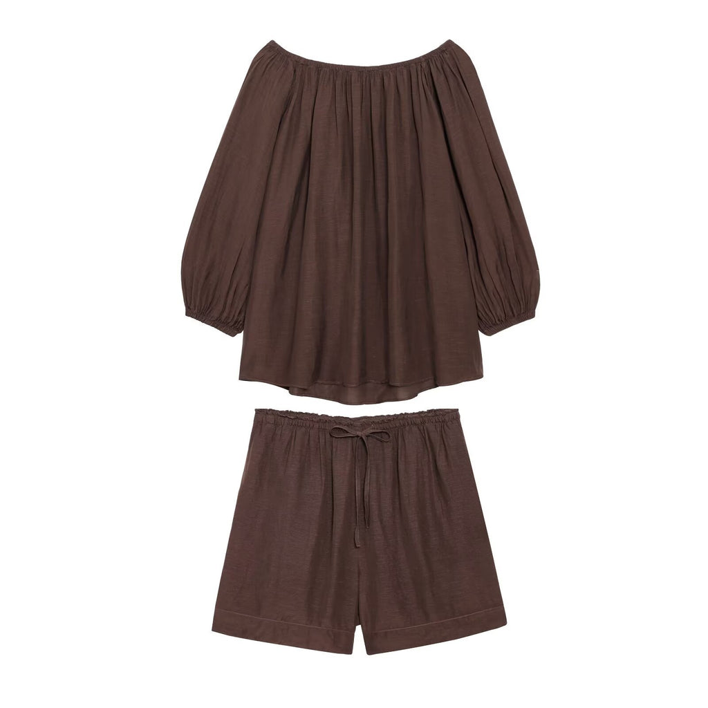 "Sahara "Espresso Off the Shoulder Bardot Balloon Sleeve Two-Piece Set