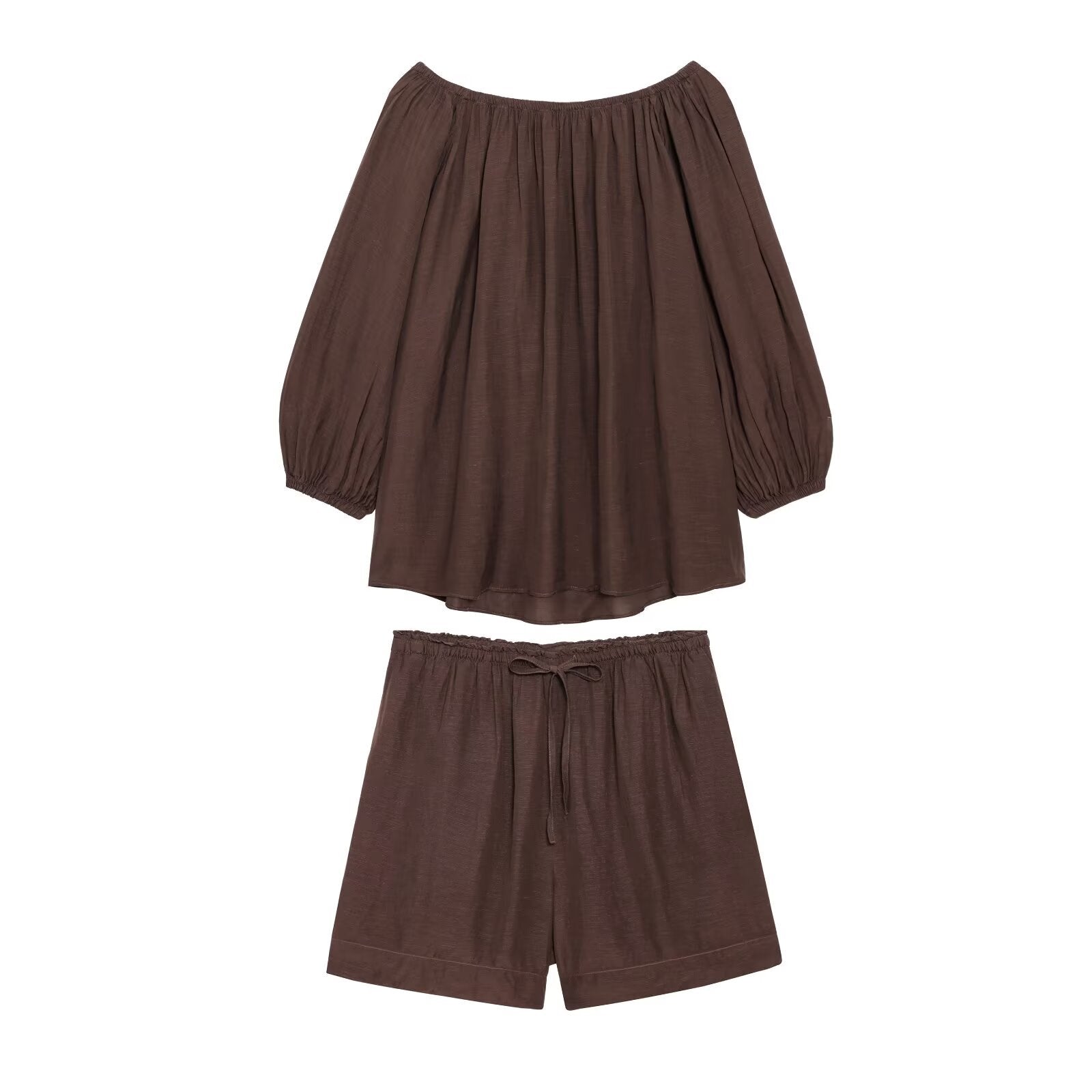 "Sahara "Espresso Off the Shoulder Bardot Balloon Sleeve Two-Piece Set