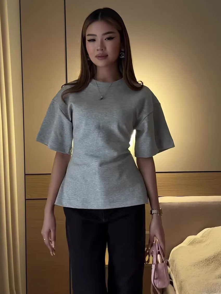 Chic Solid Color Round Neck Casual Fitted Slimming Cotton T-Shirt for Women