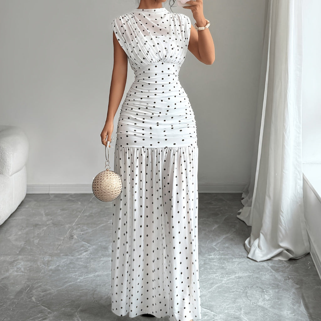 Katie Polka Dot Pleated Fitted Elegant Sleeveless Maxi Dress