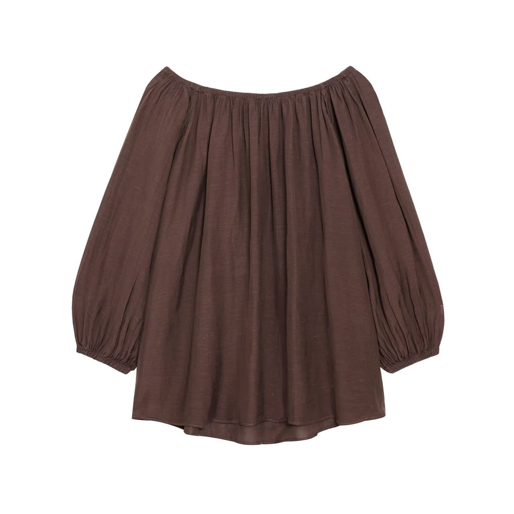 "Sahara "Espresso Off the Shoulder Bardot Balloon Sleeve Two-Piece Set
