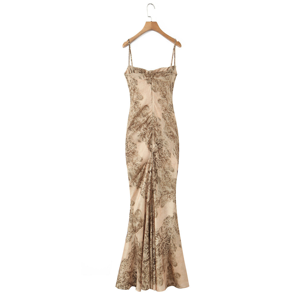 Aicha Elegant printed satin ultra long fishtail skirt