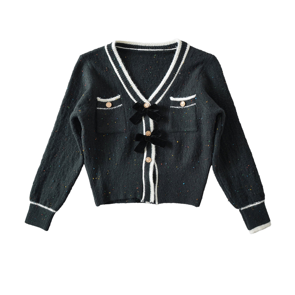 Dora ribbon bow V-neck long sleeved sweater