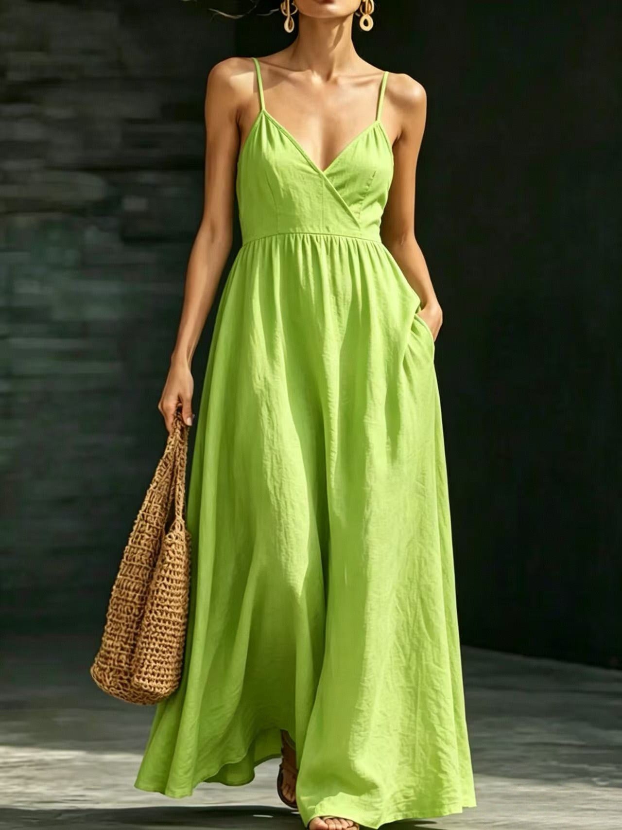 Amanda V-Neck Backless Strap Pocket Elegant Long Strap Dress
