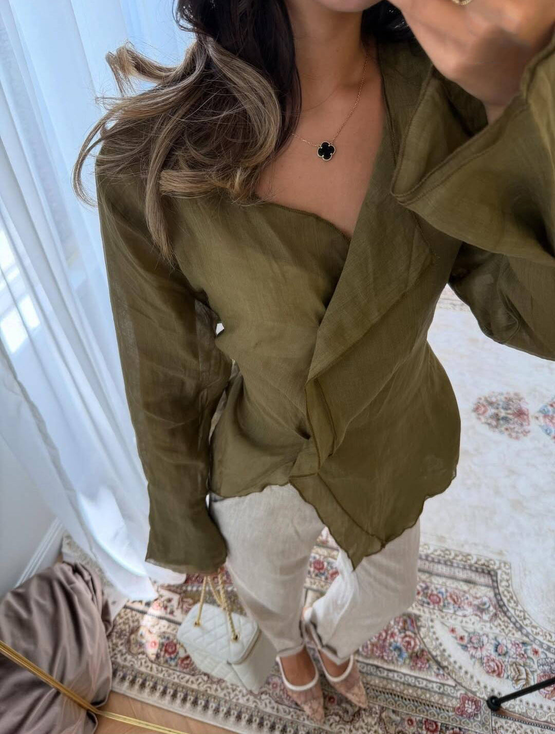 Irregular Long Sleeve V-Neck Casual Shirt for Women