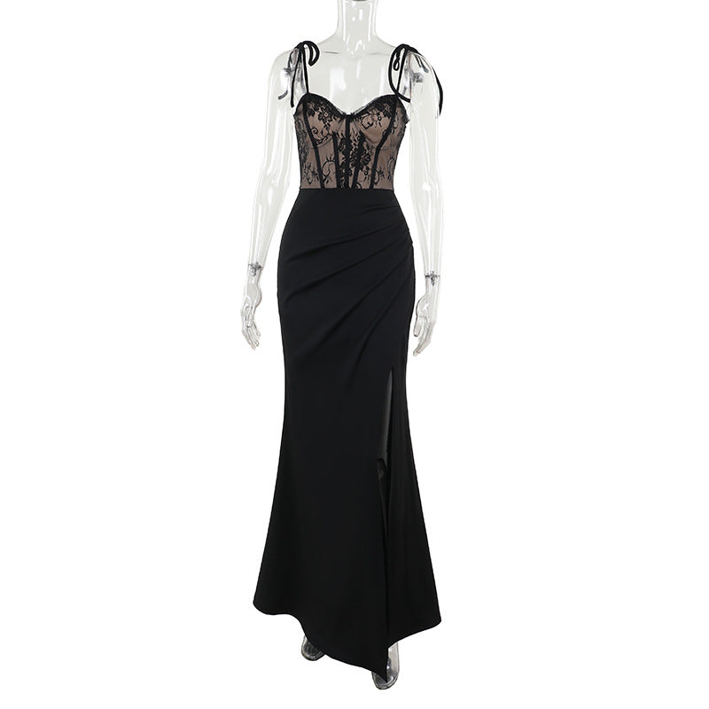 Asana Strap lace patchwork slit dress