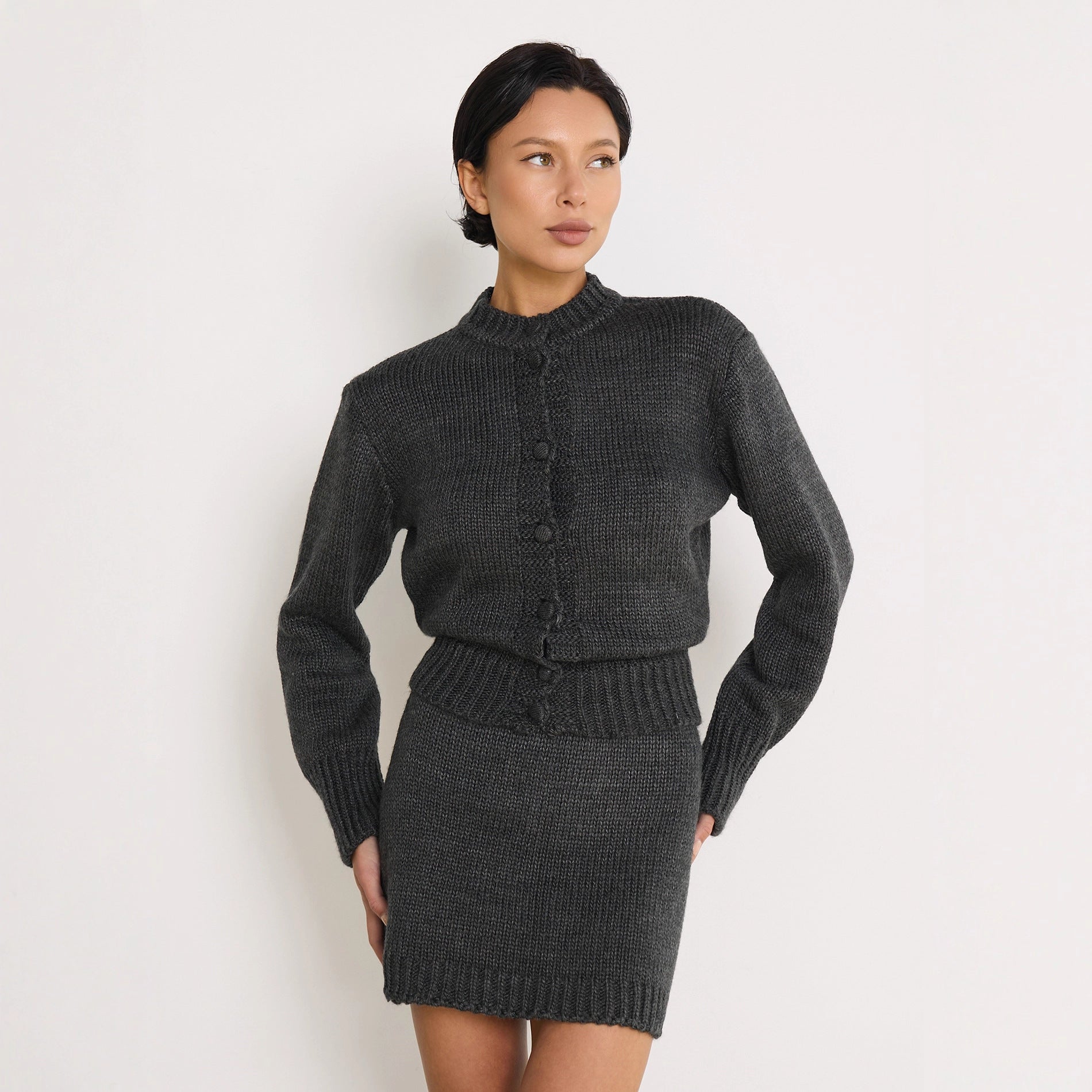 Knitted Short Sleeve High Waist Cropped Sweater Jacket &amp; Knit Skirt Set for Women