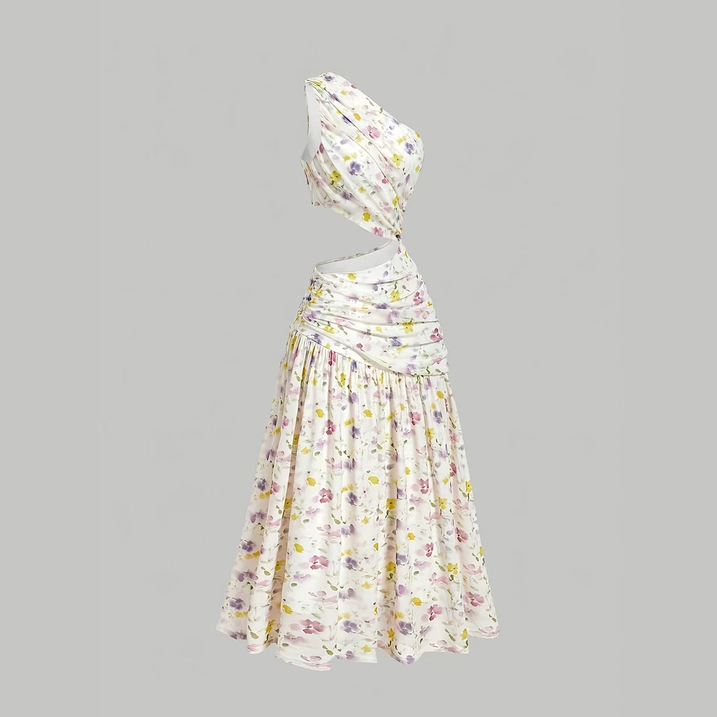 Deborah Floral Print Asymmetric Single Shoulder Cut-Out Pleated A-Line Long Dress