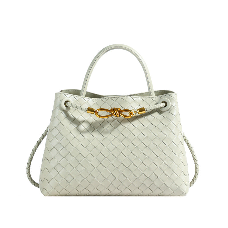 Metal rope buckle woven shoulder bag, fashionable, versatile, retro, commuter bag for women.