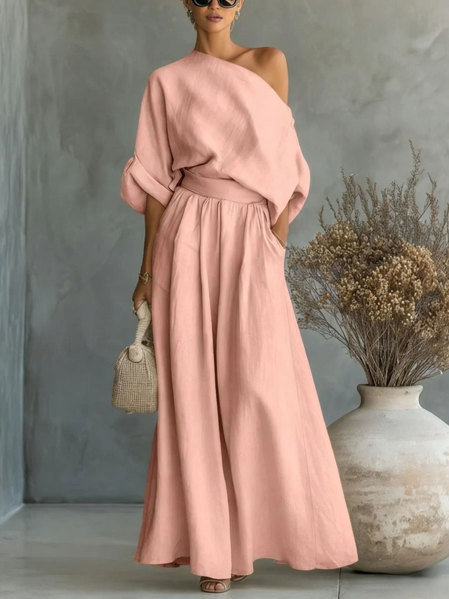 Serena Asymmetrical Shoulder Top and Pants Two-Piece Set